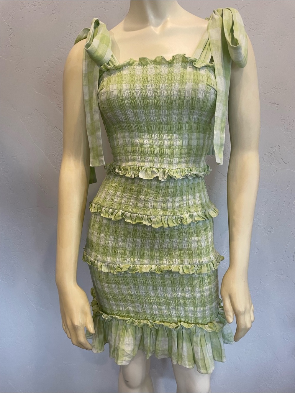 Charina Sarte 100% linen Green Gingham Ruffle Tie-Strap Smocked “Matilda” Dress